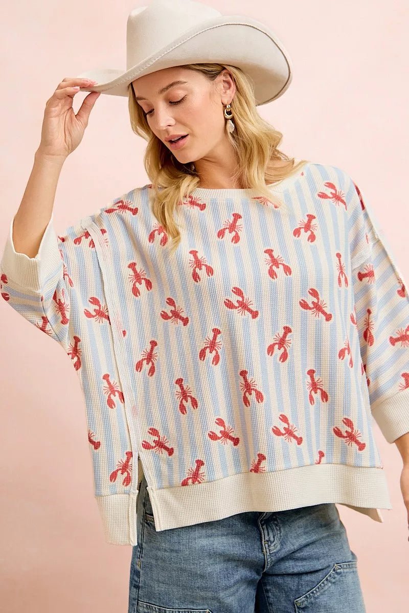 BiBi 4th Of July Lobsters Stripe Waffle Knit Sleeve Top - Rooted & Reckless Co.