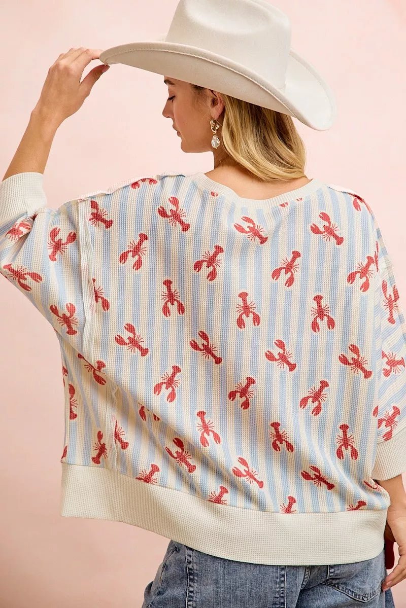 BiBi 4th Of July Lobsters Stripe Waffle Knit Sleeve Top - Rooted & Reckless Co.