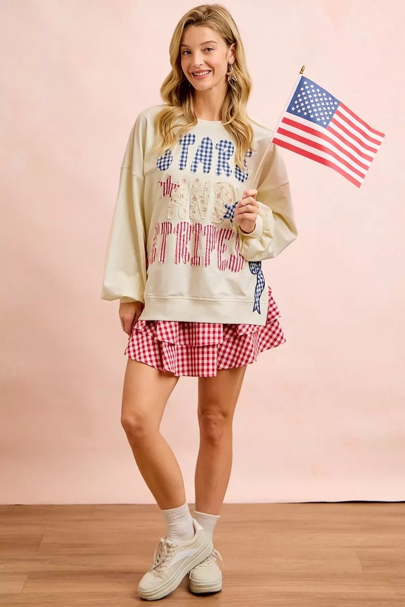 BiBi 4th Of July Stars And Stripes Patches Sweatshirt - Rooted & Reckless Co.