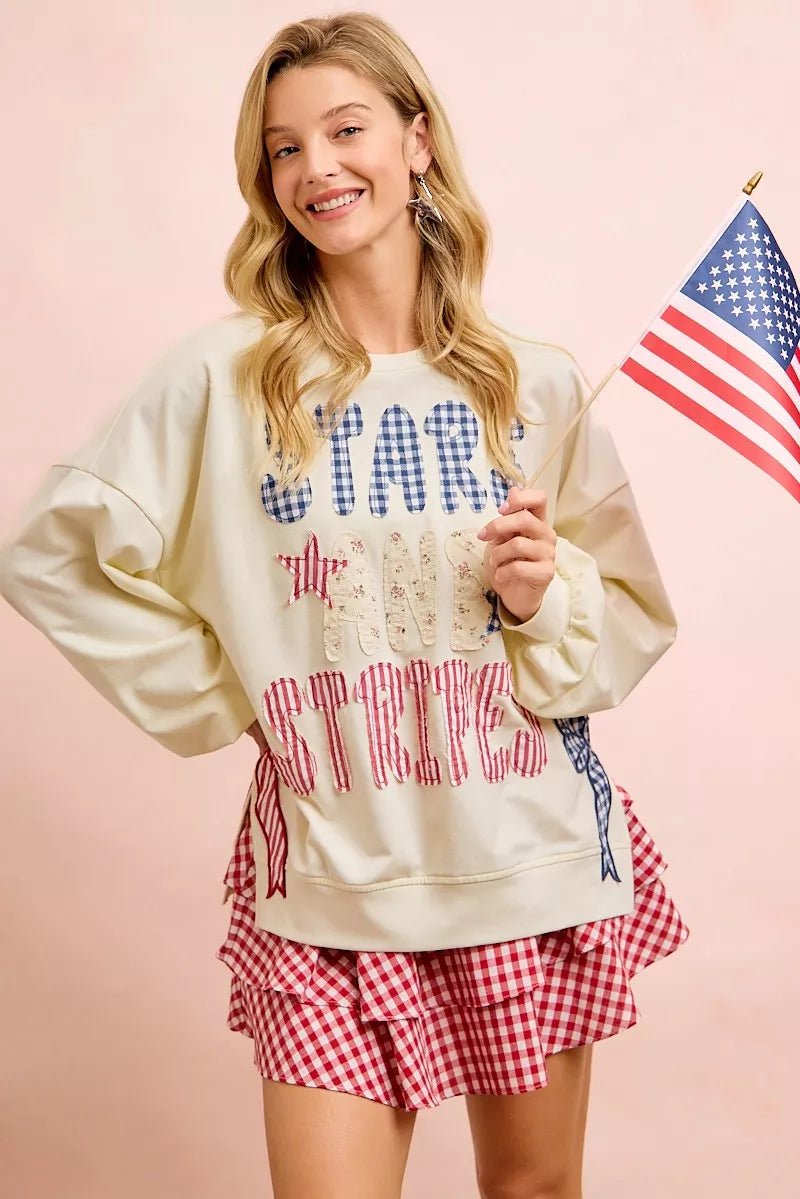 BiBi 4th Of July Stars And Stripes Patches Sweatshirt - Rooted & Reckless Co.