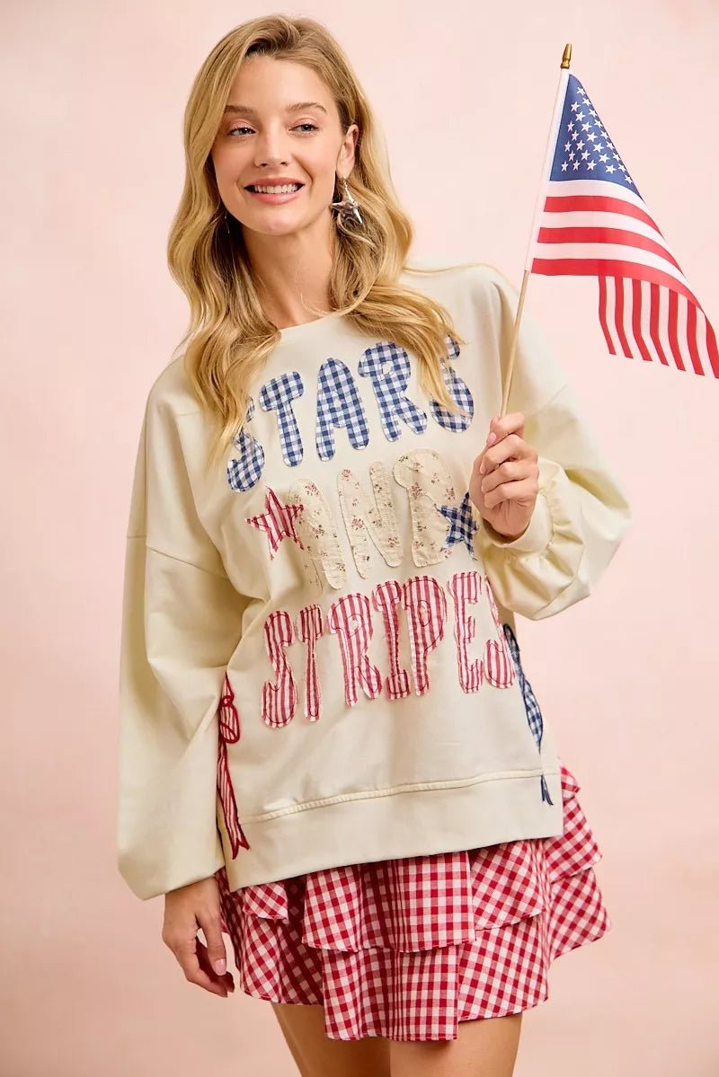 BiBi 4th Of July Stars And Stripes Patches Sweatshirt - Rooted & Reckless Co.