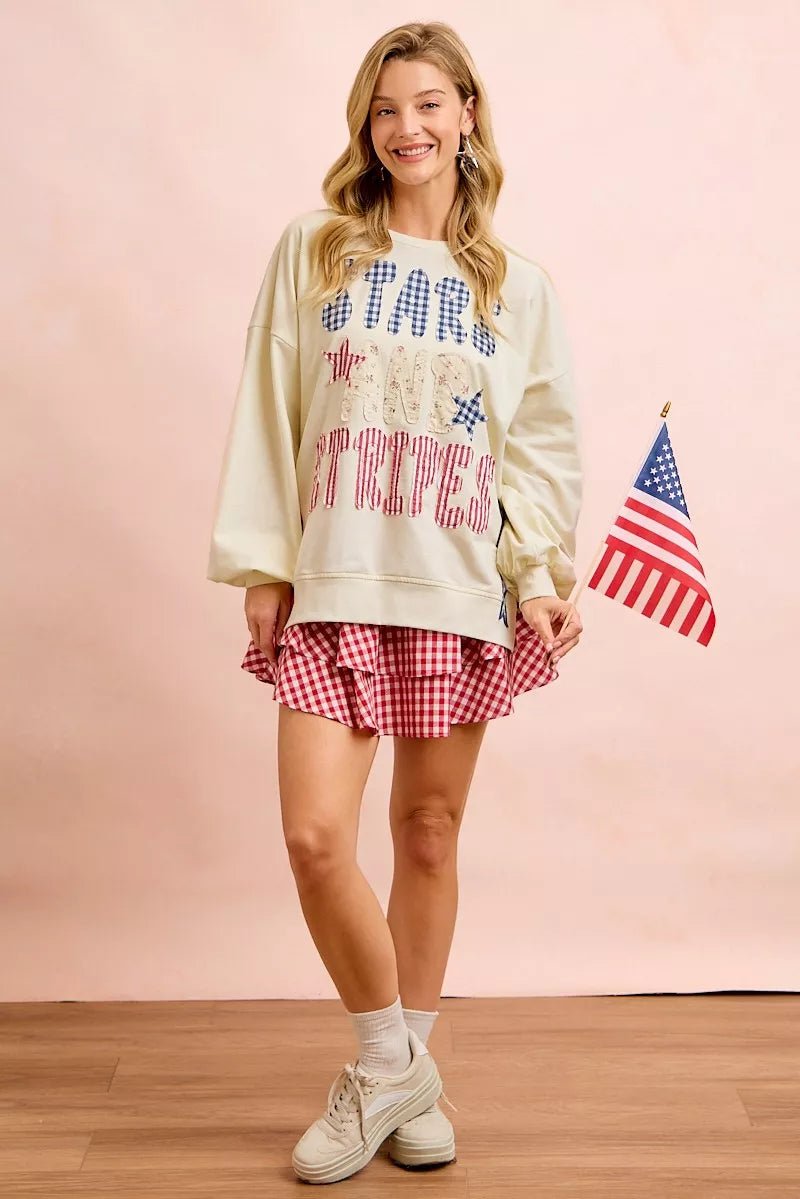 BiBi 4th Of July Stars And Stripes Patches Sweatshirt - Rooted & Reckless Co.