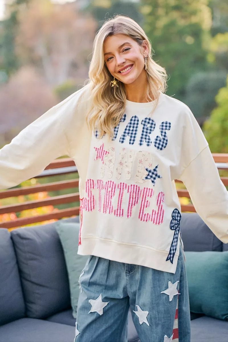 BiBi 4th Of July Stars And Stripes Patches Sweatshirt - Rooted & Reckless Co.