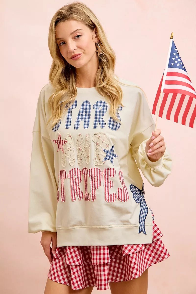BiBi 4th Of July Stars And Stripes Patches Sweatshirt - Rooted & Reckless Co.