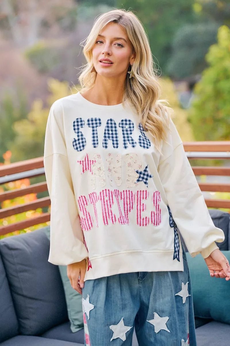 BiBi 4th Of July Stars And Stripes Patches Sweatshirt - Rooted & Reckless Co.