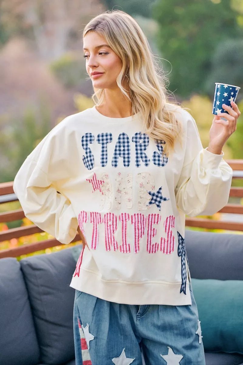 BiBi 4th Of July Stars And Stripes Patches Sweatshirt - Rooted & Reckless Co.