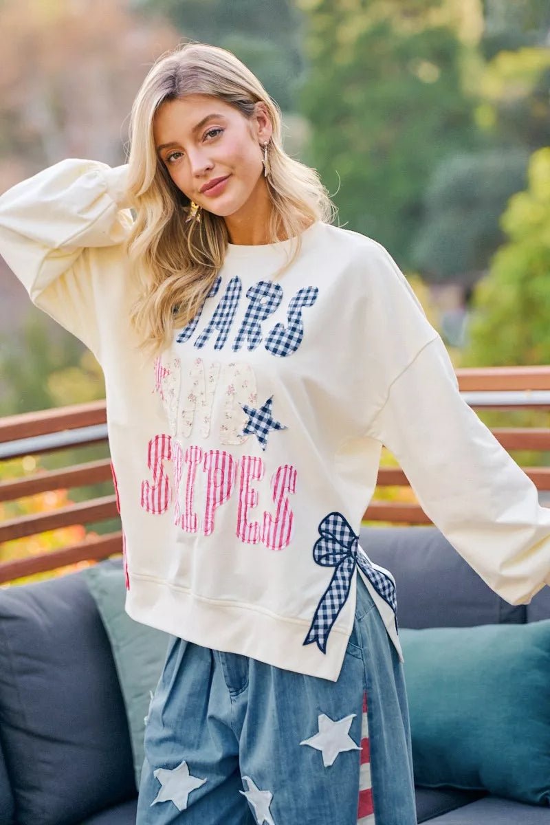 BiBi 4th Of July Stars And Stripes Patches Sweatshirt - Rooted & Reckless Co.