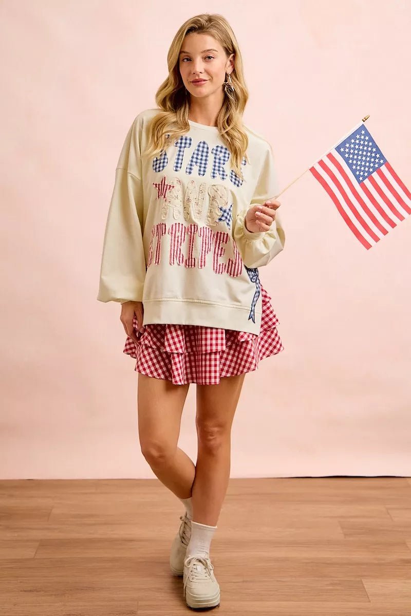 BiBi 4th Of July Stars And Stripes Patches Sweatshirt - Rooted & Reckless Co.