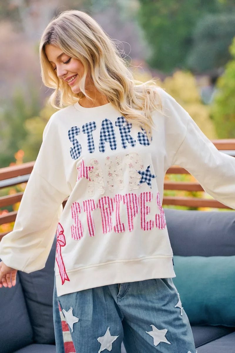 BiBi 4th Of July Stars And Stripes Patches Sweatshirt - Rooted & Reckless Co.