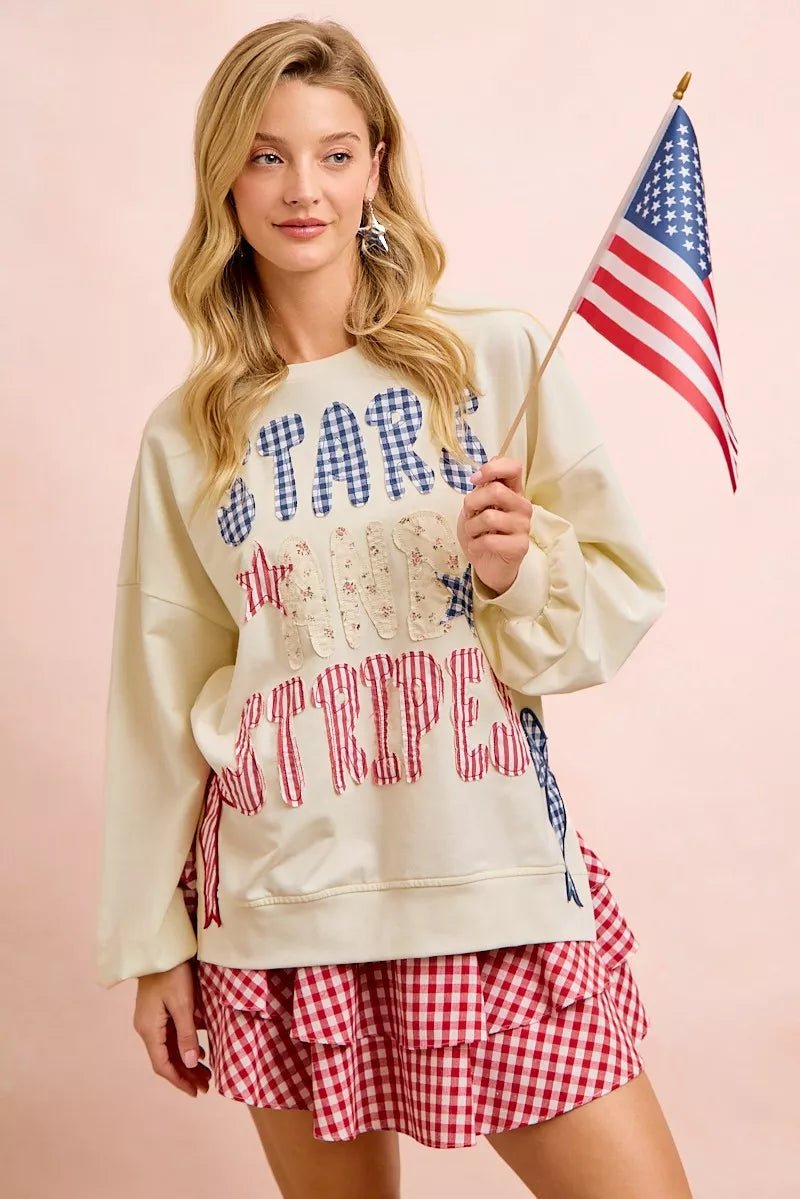 BiBi 4th Of July Stars And Stripes Patches Sweatshirt - Rooted & Reckless Co.