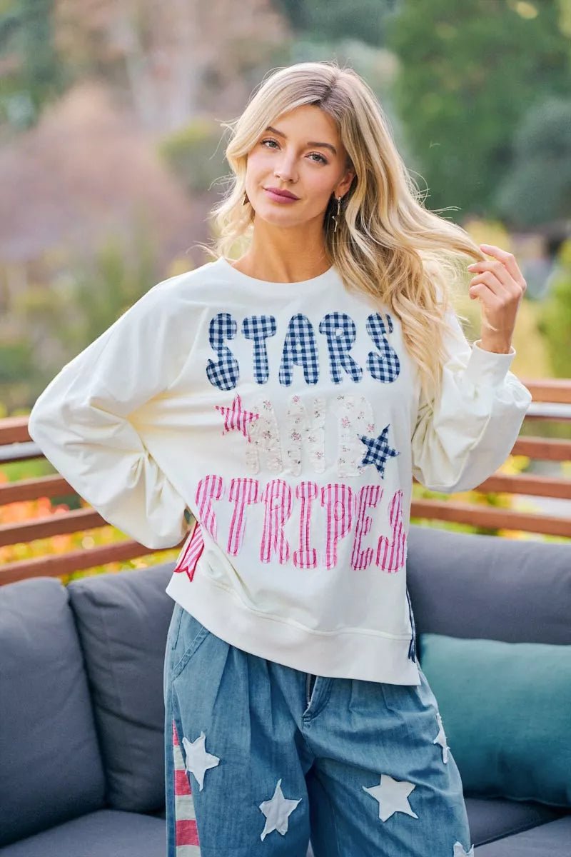 BiBi 4th Of July Stars And Stripes Patches Sweatshirt - Rooted & Reckless Co.