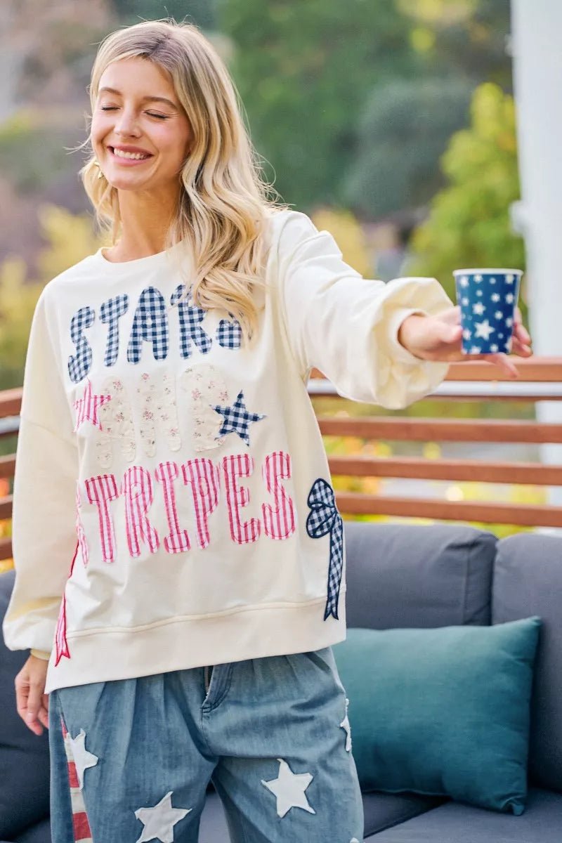 BiBi 4th Of July Stars And Stripes Patches Sweatshirt - Rooted & Reckless Co.