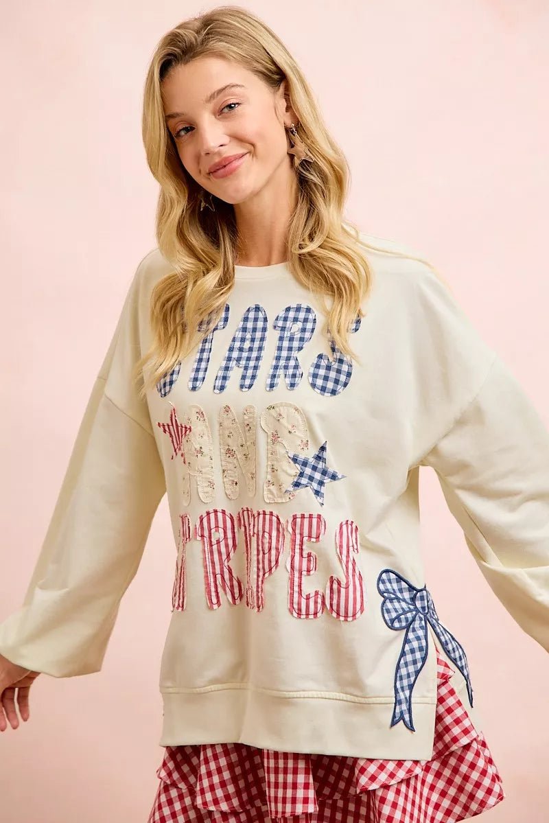 BiBi 4th Of July Stars And Stripes Patches Sweatshirt - Rooted & Reckless Co.