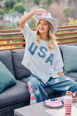 BiBi 4th Of July Usa Letter Patchwork French Terry Top - Rooted & Reckless Co.