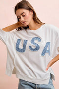 BiBi 4th Of July Usa Letter Patchwork French Terry Top - Rooted & Reckless Co.