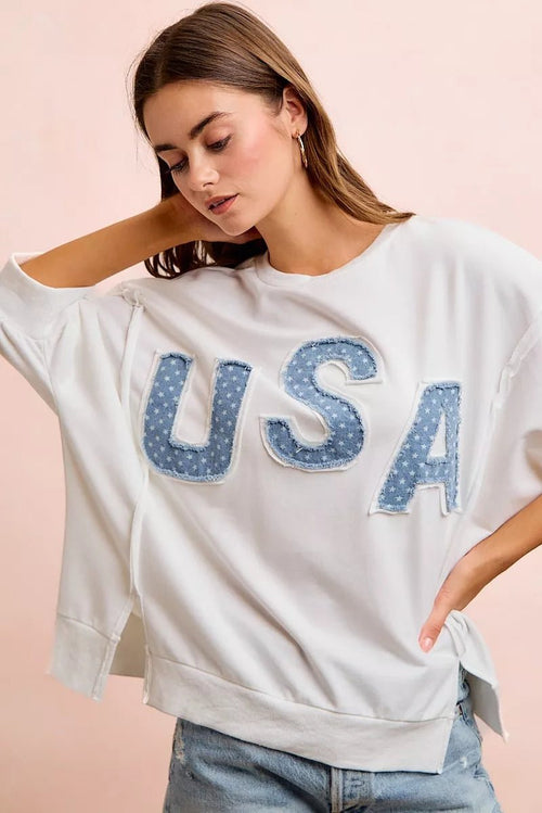 BiBi 4th Of July Usa Letter Patchwork French Terry Top - Rooted & Reckless Co.