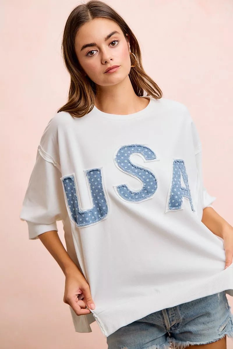 BiBi 4th Of July Usa Letter Patchwork French Terry Top - Rooted & Reckless Co.