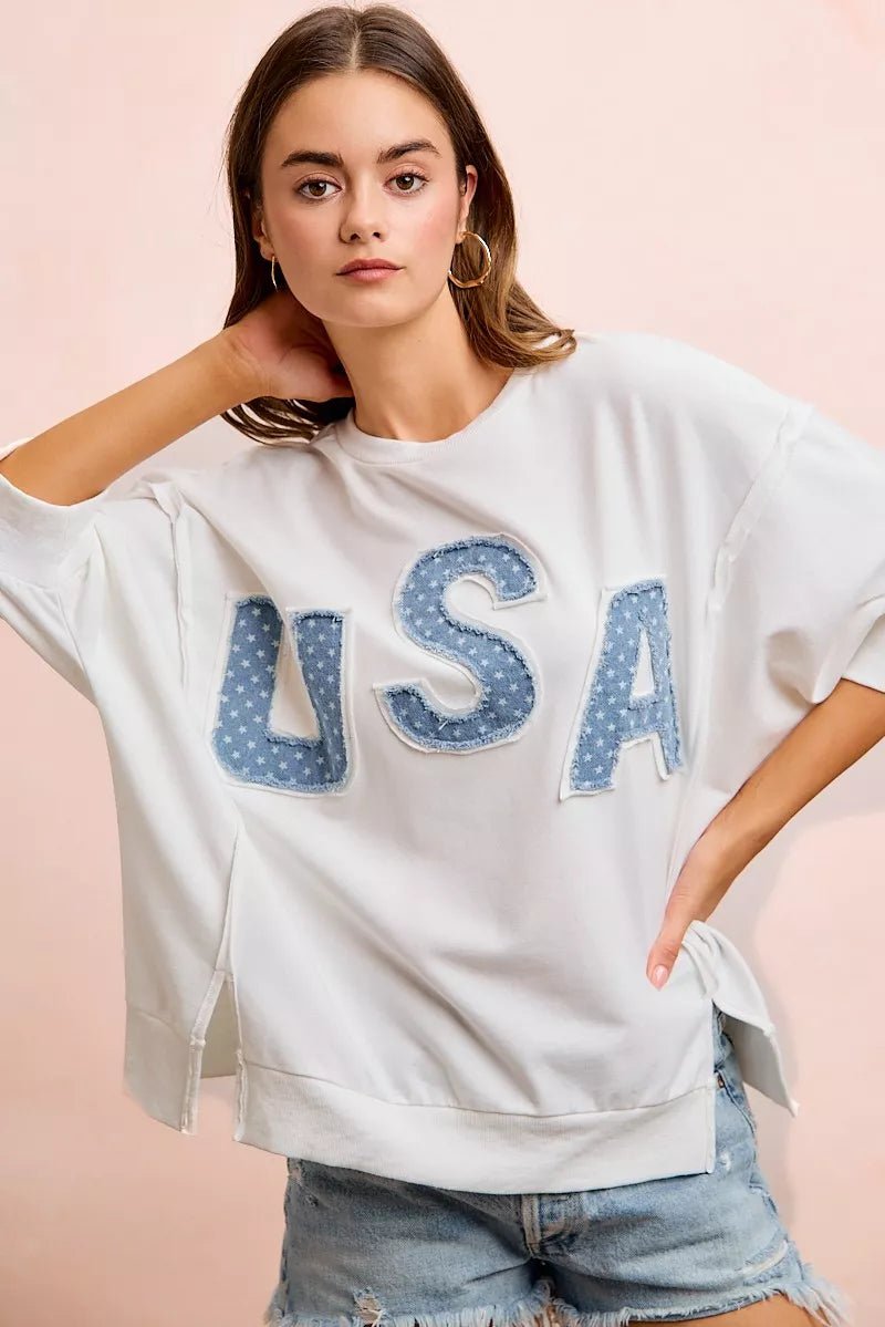 BiBi 4th Of July Usa Letter Patchwork French Terry Top - Rooted & Reckless Co.