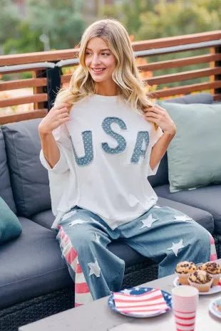 BiBi 4th Of July Usa Letter Patchwork French Terry Top - Rooted & Reckless Co.