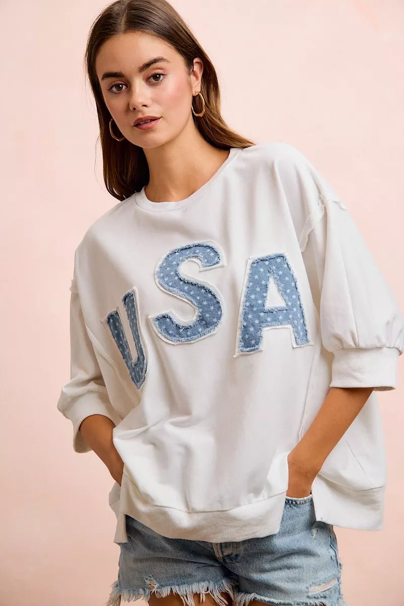 BiBi 4th Of July Usa Letter Patchwork French Terry Top - Rooted & Reckless Co.