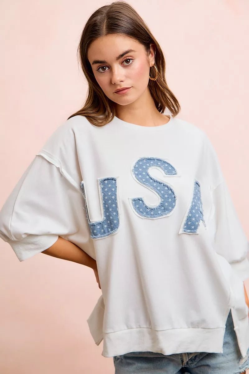 BiBi 4th Of July Usa Letter Patchwork French Terry Top - Rooted & Reckless Co.