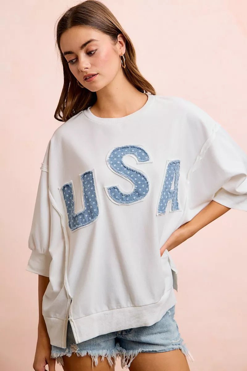 BiBi 4th Of July Usa Letter Patchwork French Terry Top - Rooted & Reckless Co.