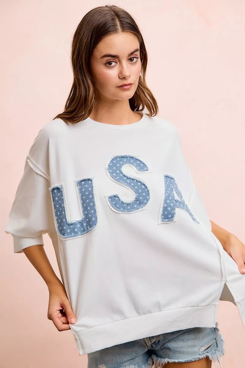 BiBi 4th Of July Usa Letter Patchwork French Terry Top - Rooted & Reckless Co.