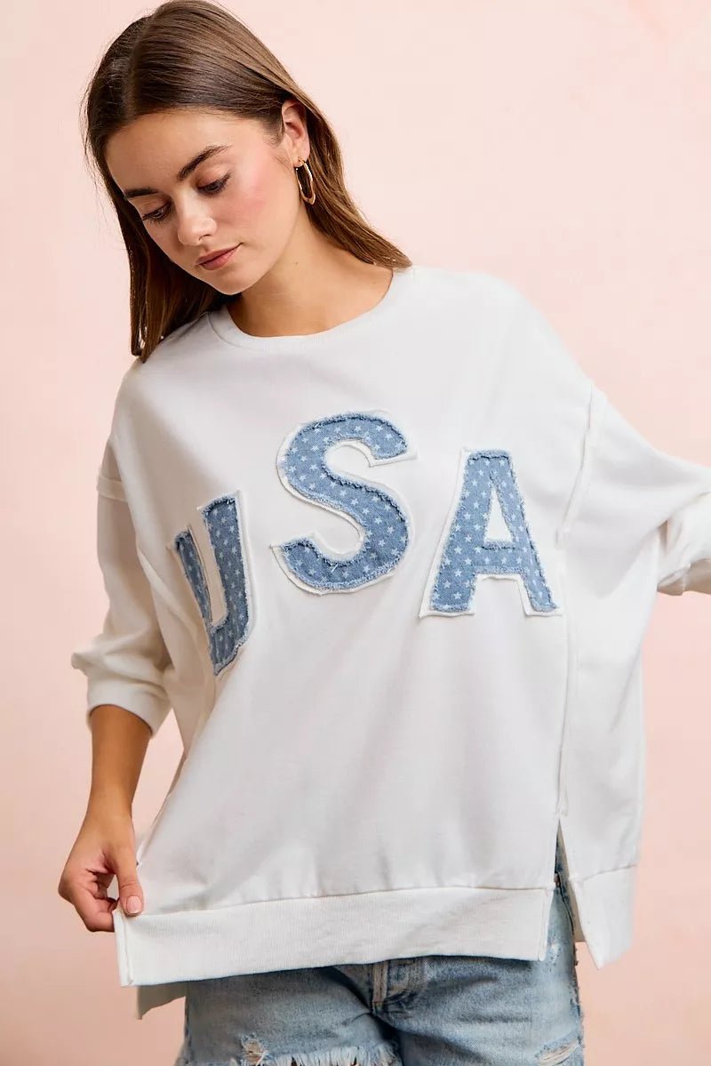 BiBi 4th Of July Usa Letter Patchwork French Terry Top - Rooted & Reckless Co.