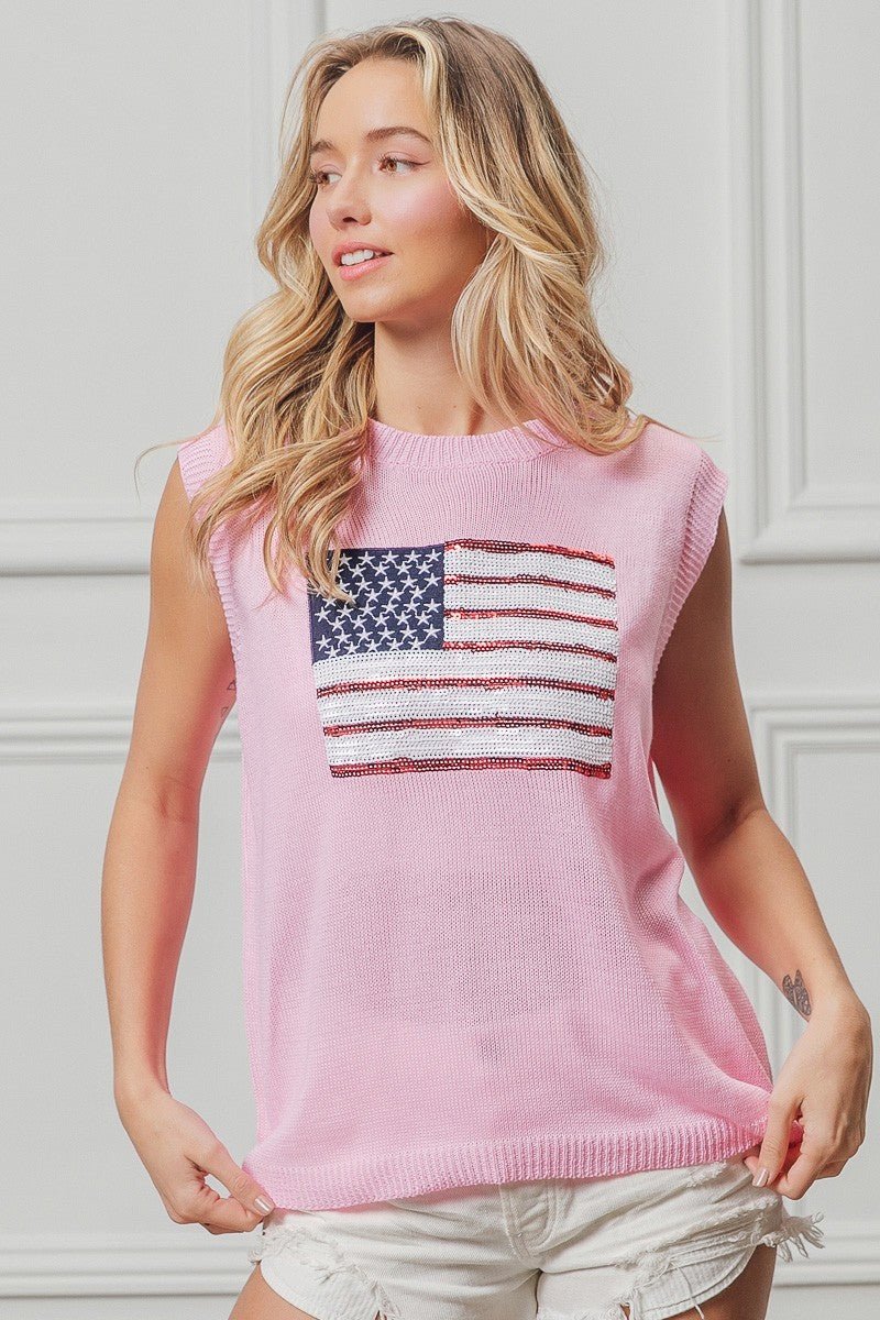 BiBi American Flag Sequins Patch Knit Top - Rooted & Reckless Co.