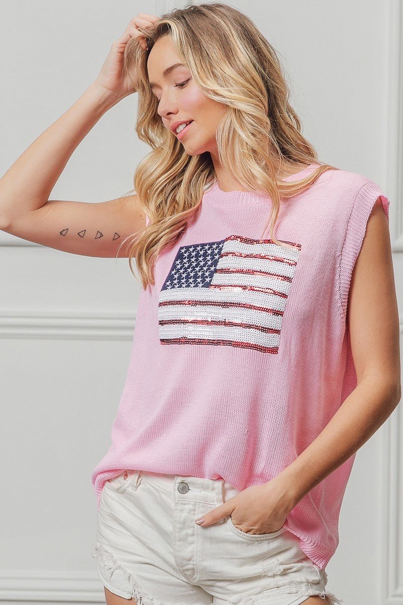 BiBi American Flag Sequins Patch Knit Top - Rooted & Reckless Co.