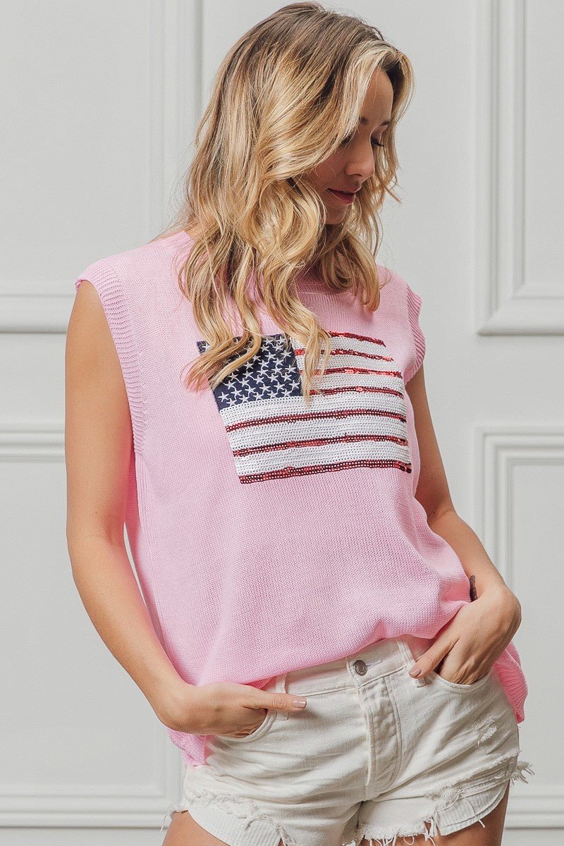 BiBi American Flag Sequins Patch Knit Top - Rooted & Reckless Co.