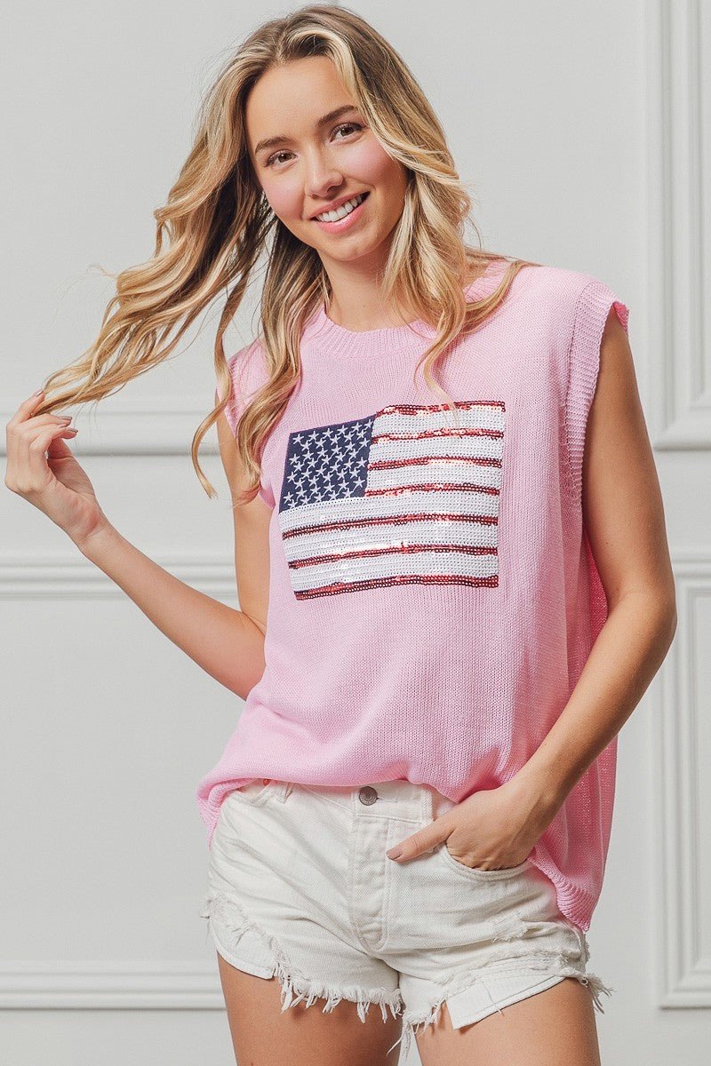BiBi American Flag Sequins Patch Knit Top - Rooted & Reckless Co.