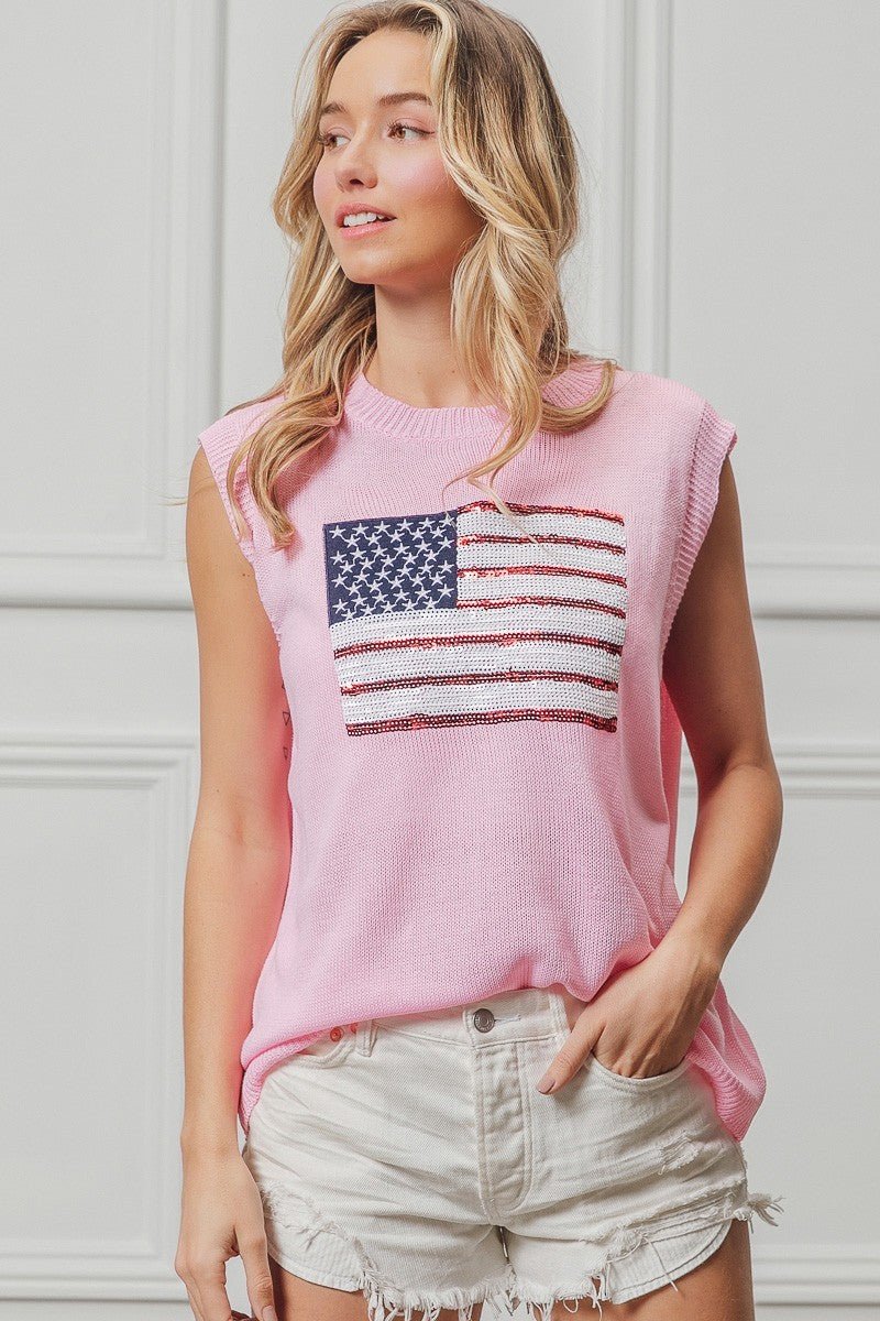 BiBi American Flag Sequins Patch Knit Top - Rooted & Reckless Co.
