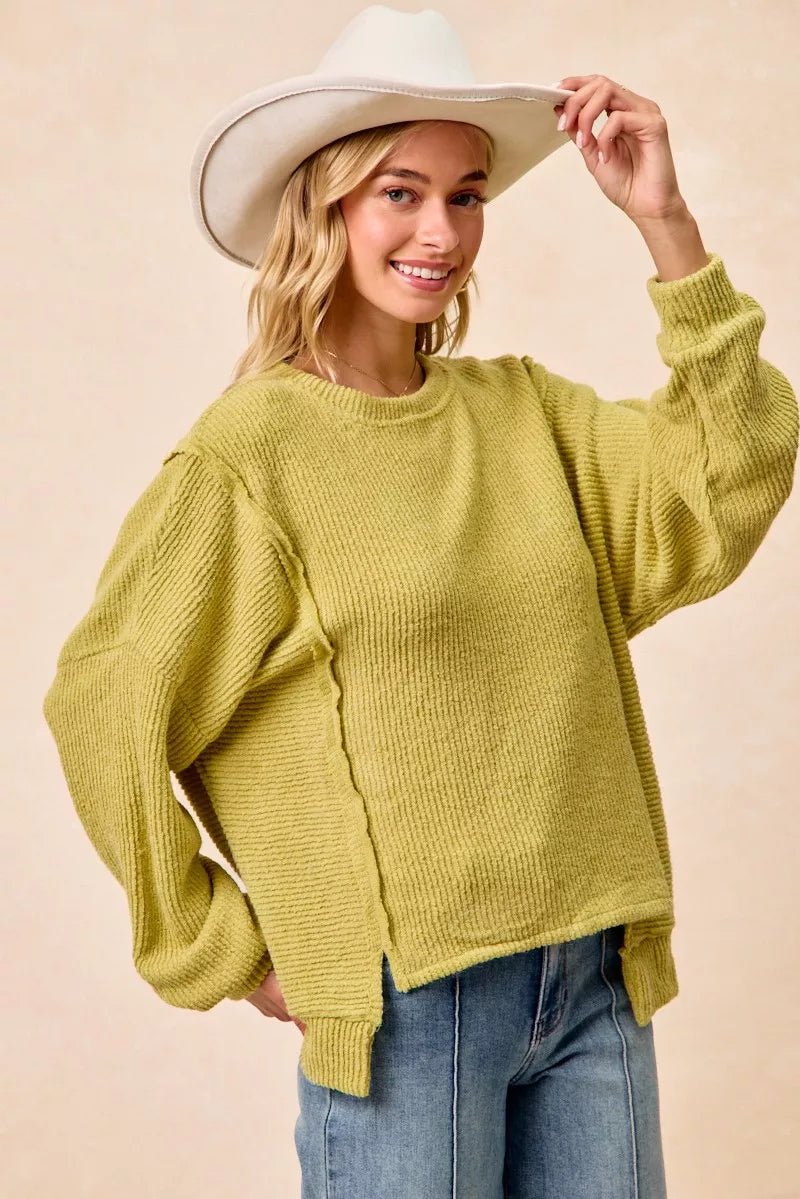 BiBi Boucle Rib Knit Uneven Hem Sweater With Open Seam - Rooted & Reckless Co.