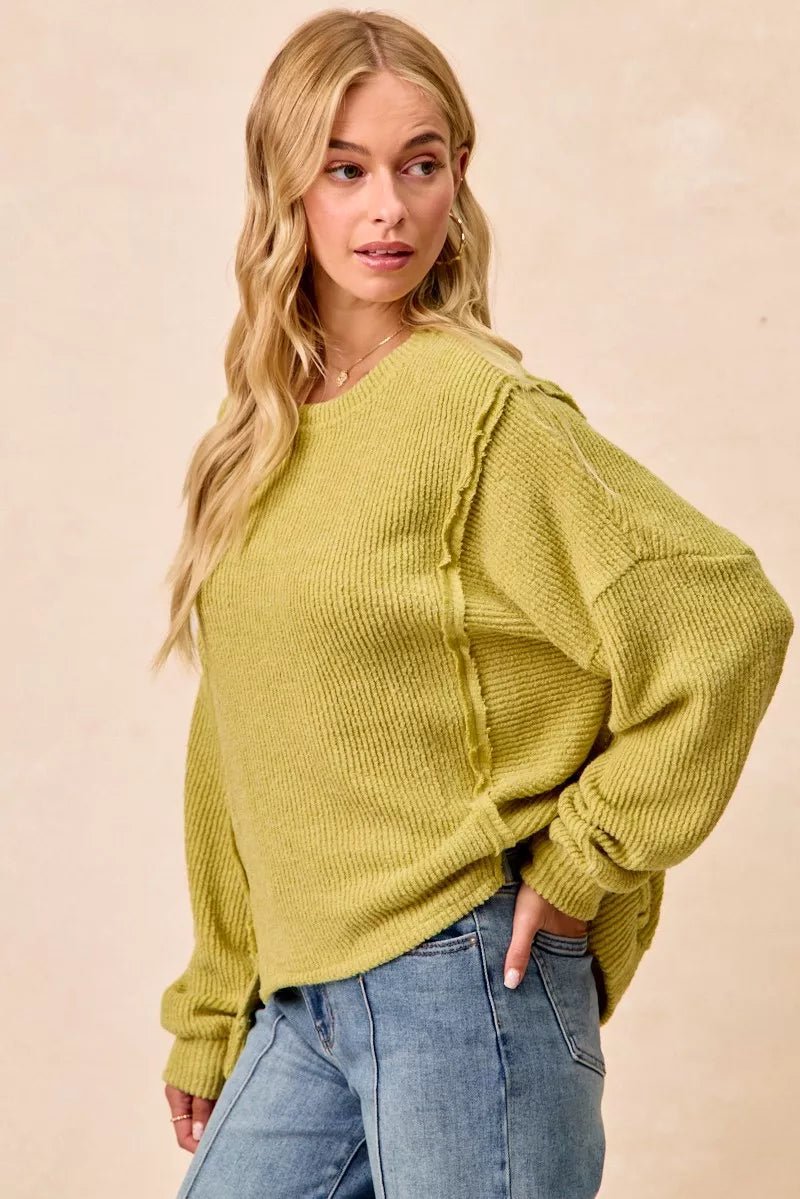 BiBi Boucle Rib Knit Uneven Hem Sweater With Open Seam - Rooted & Reckless Co.