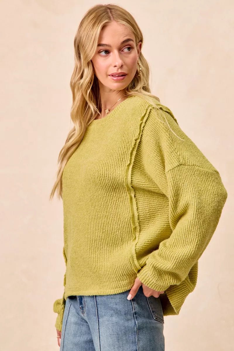 BiBi Boucle Rib Knit Uneven Hem Sweater With Open Seam - Rooted & Reckless Co.