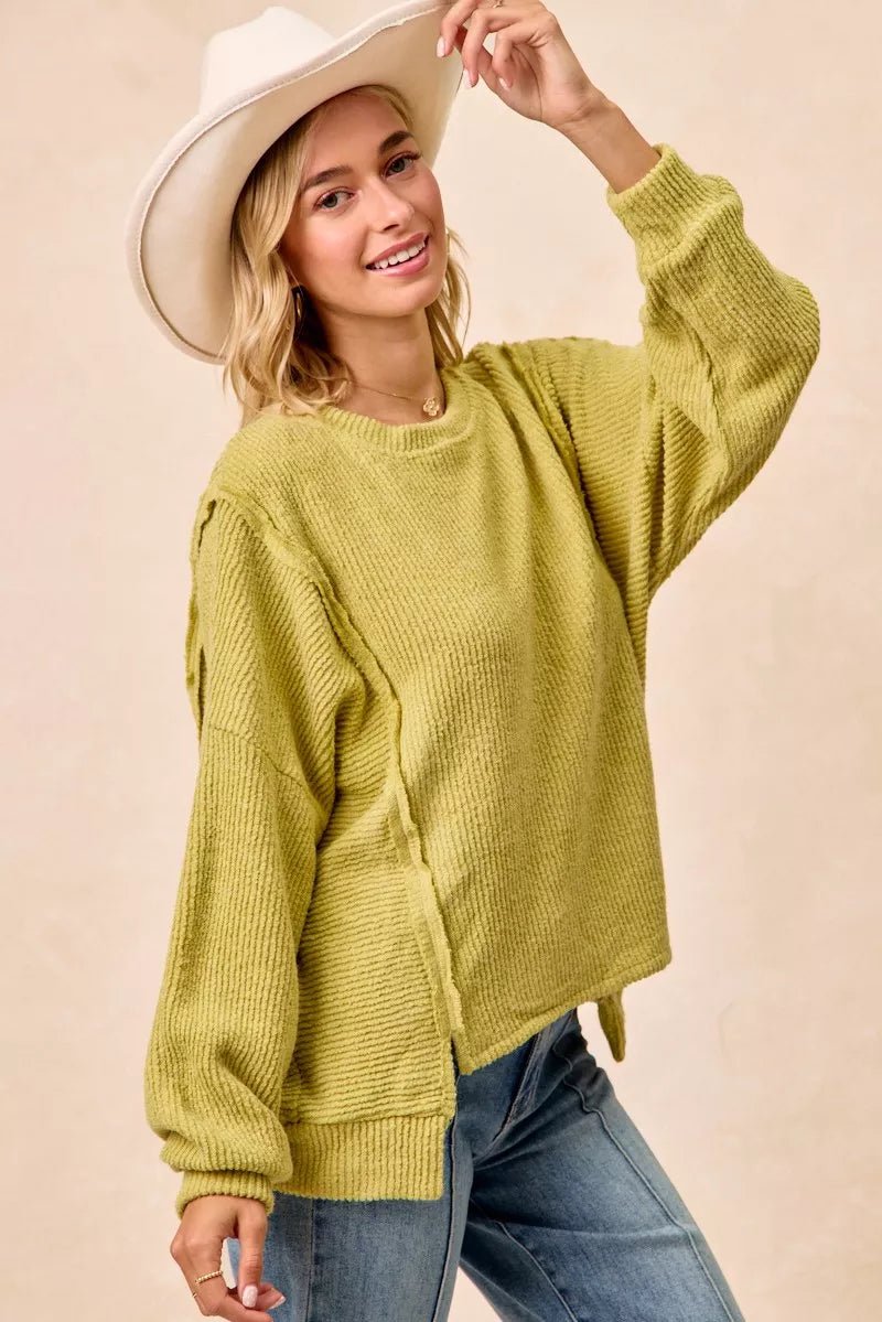 BiBi Boucle Rib Knit Uneven Hem Sweater With Open Seam - Rooted & Reckless Co.
