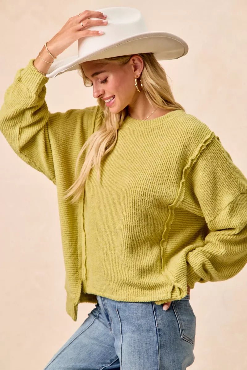 BiBi Boucle Rib Knit Uneven Hem Sweater With Open Seam - Rooted & Reckless Co.