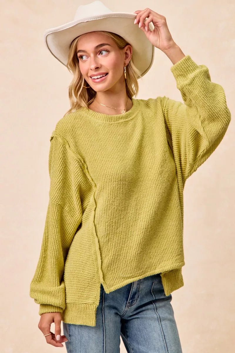 BiBi Boucle Rib Knit Uneven Hem Sweater With Open Seam - Rooted & Reckless Co.