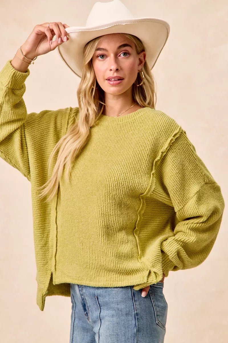 BiBi Boucle Rib Knit Uneven Hem Sweater With Open Seam - Rooted & Reckless Co.