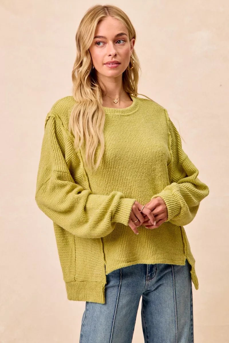 BiBi Boucle Rib Knit Uneven Hem Sweater With Open Seam - Rooted & Reckless Co.