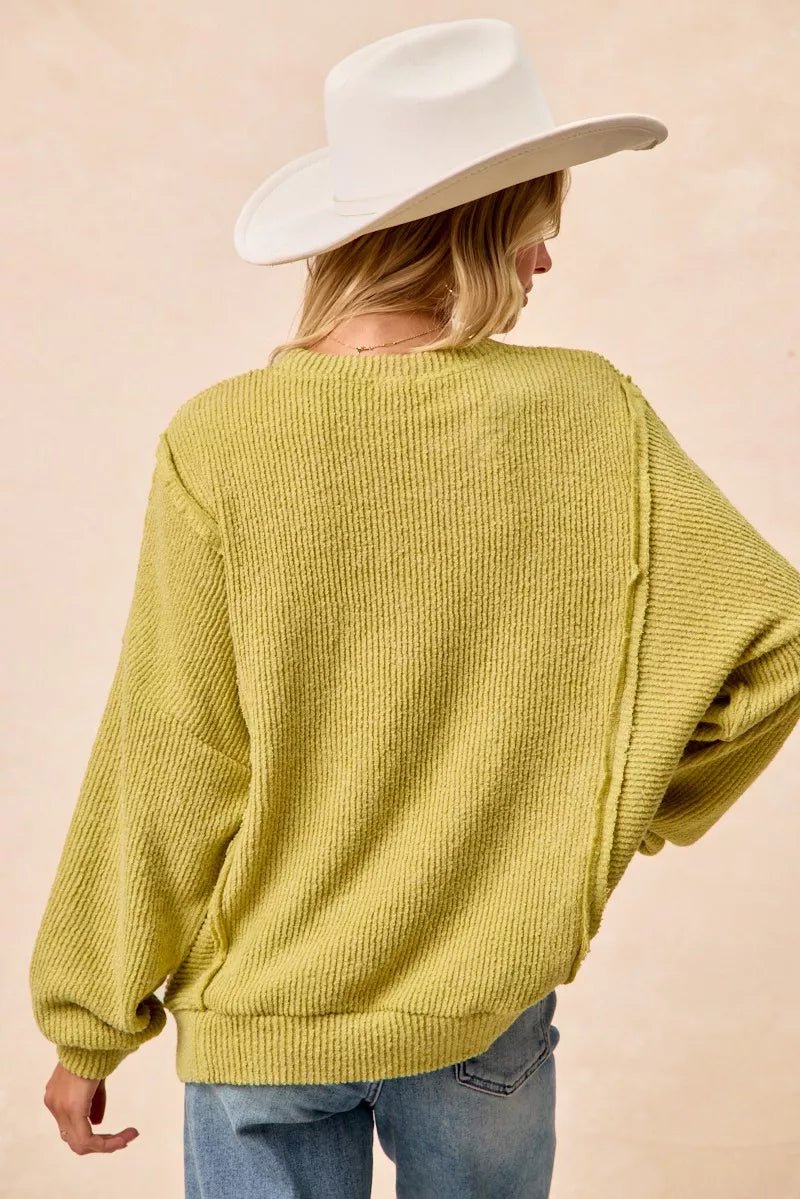 BiBi Boucle Rib Knit Uneven Hem Sweater With Open Seam - Rooted & Reckless Co.