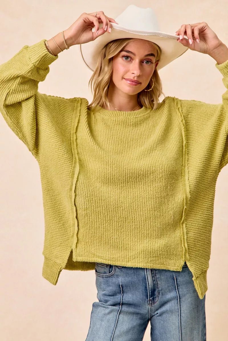 BiBi Boucle Rib Knit Uneven Hem Sweater With Open Seam - Rooted & Reckless Co.