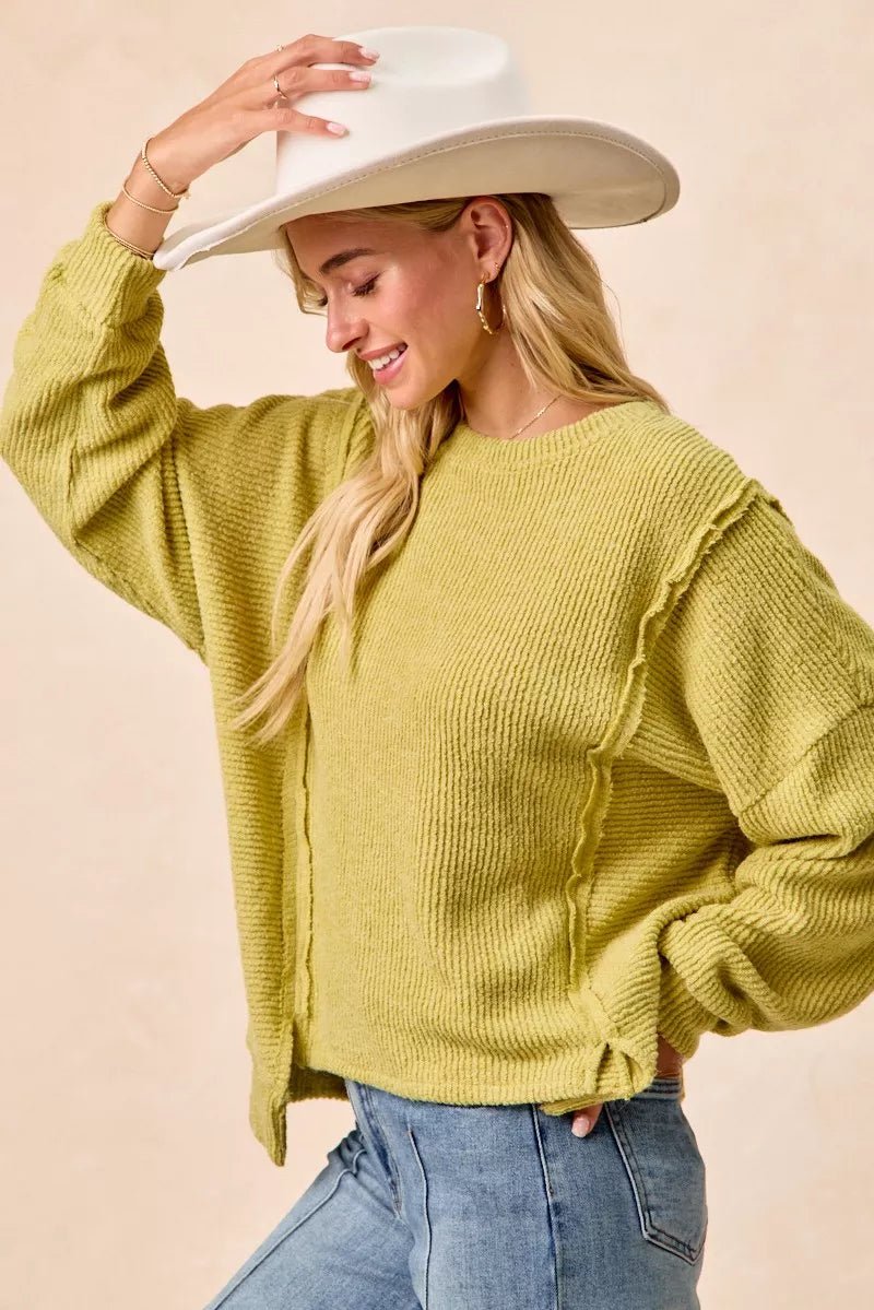 BiBi Boucle Rib Knit Uneven Hem Sweater With Open Seam - Rooted & Reckless Co.
