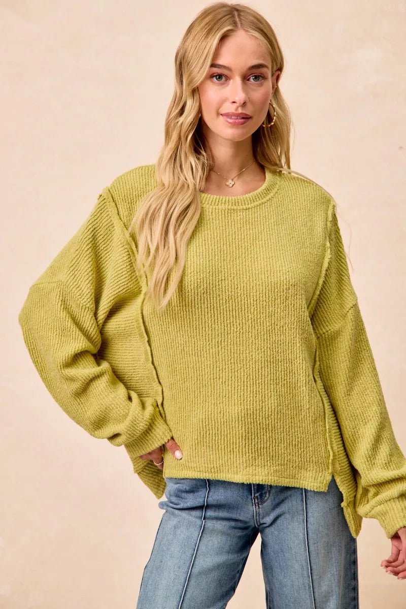 BiBi Boucle Rib Knit Uneven Hem Sweater With Open Seam - Rooted & Reckless Co.