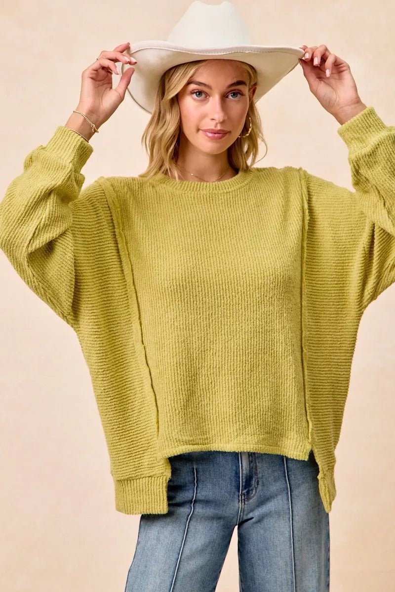 BiBi Boucle Rib Knit Uneven Hem Sweater With Open Seam - Rooted & Reckless Co.