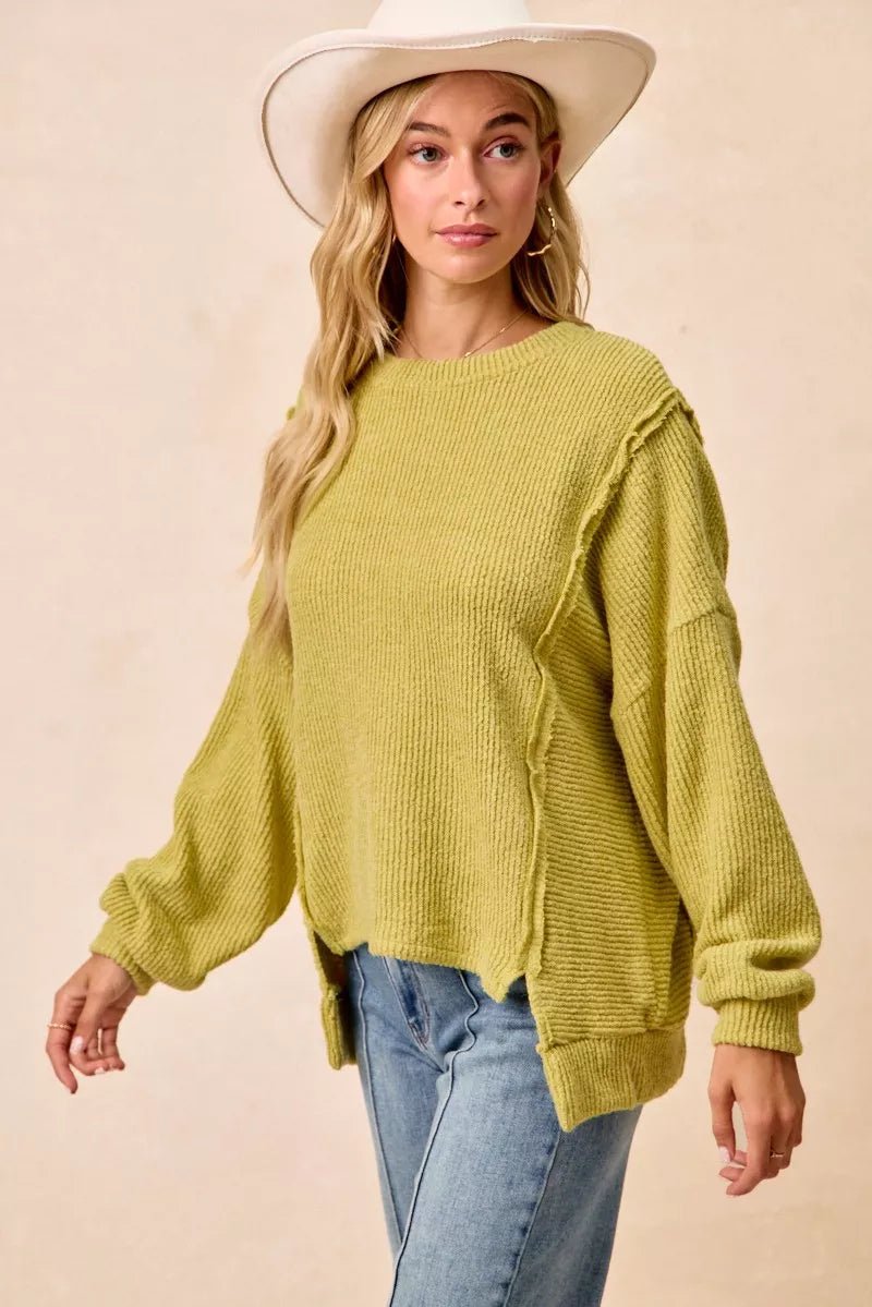 BiBi Boucle Rib Knit Uneven Hem Sweater With Open Seam - Rooted & Reckless Co.
