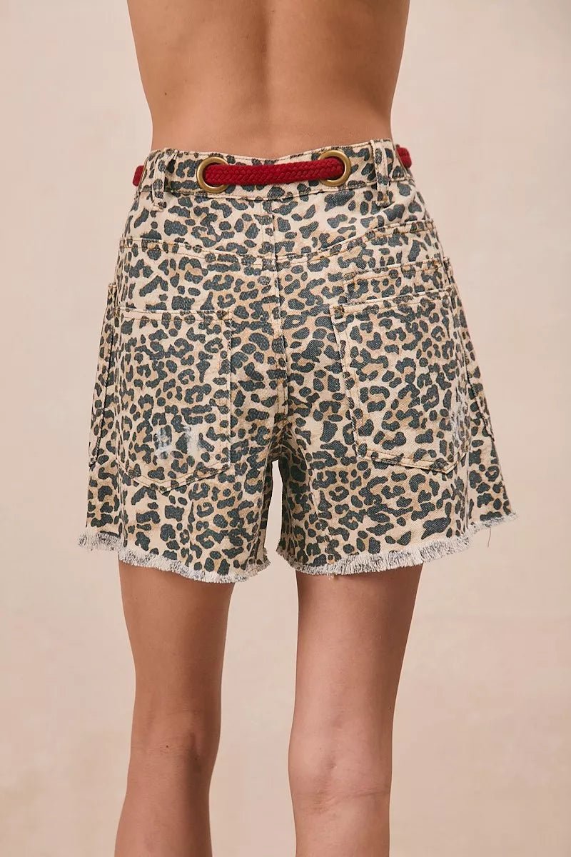 BiBi Braided Waist Belt Patch Pockets Leopard Print Shorts - Rooted & Reckless Co.