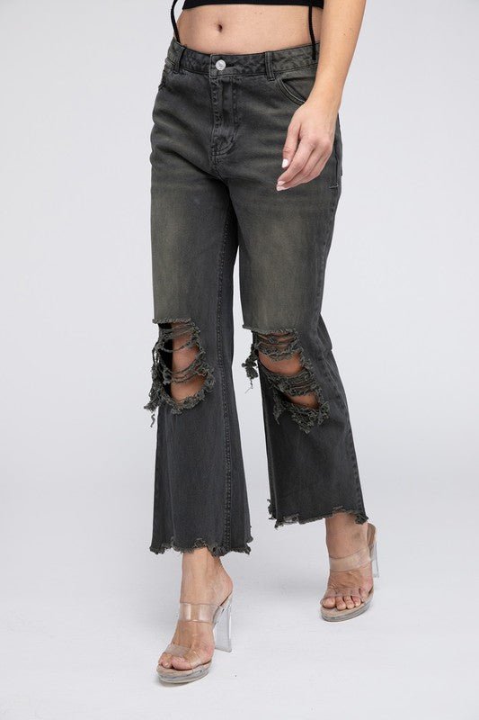 BiBi Distressed Vintage Washed Wide-Leg Western Pants — 100% Cotton Rigid Denim with Retro Worn-In Finish (Medium remaining) - Rooted & Reckless Co.