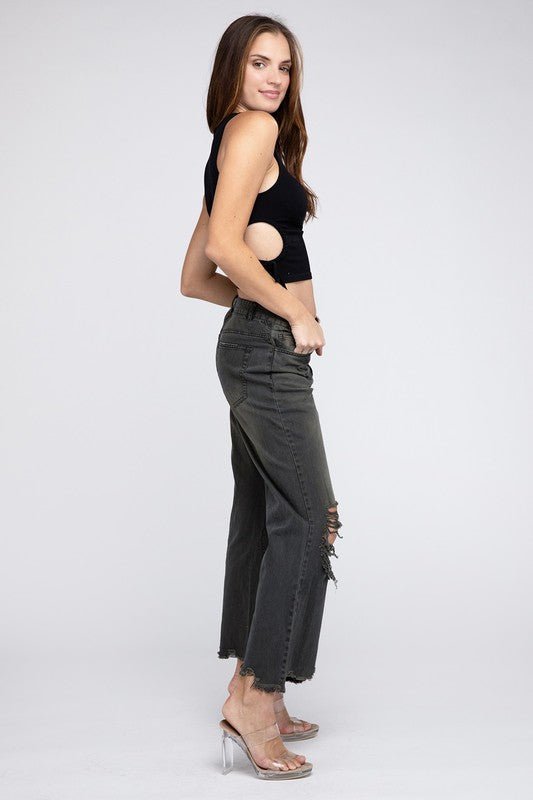 BiBi Distressed Vintage Washed Wide-Leg Western Pants — 100% Cotton Rigid Denim with Retro Worn-In Finish (Medium remaining) - Rooted & Reckless Co.